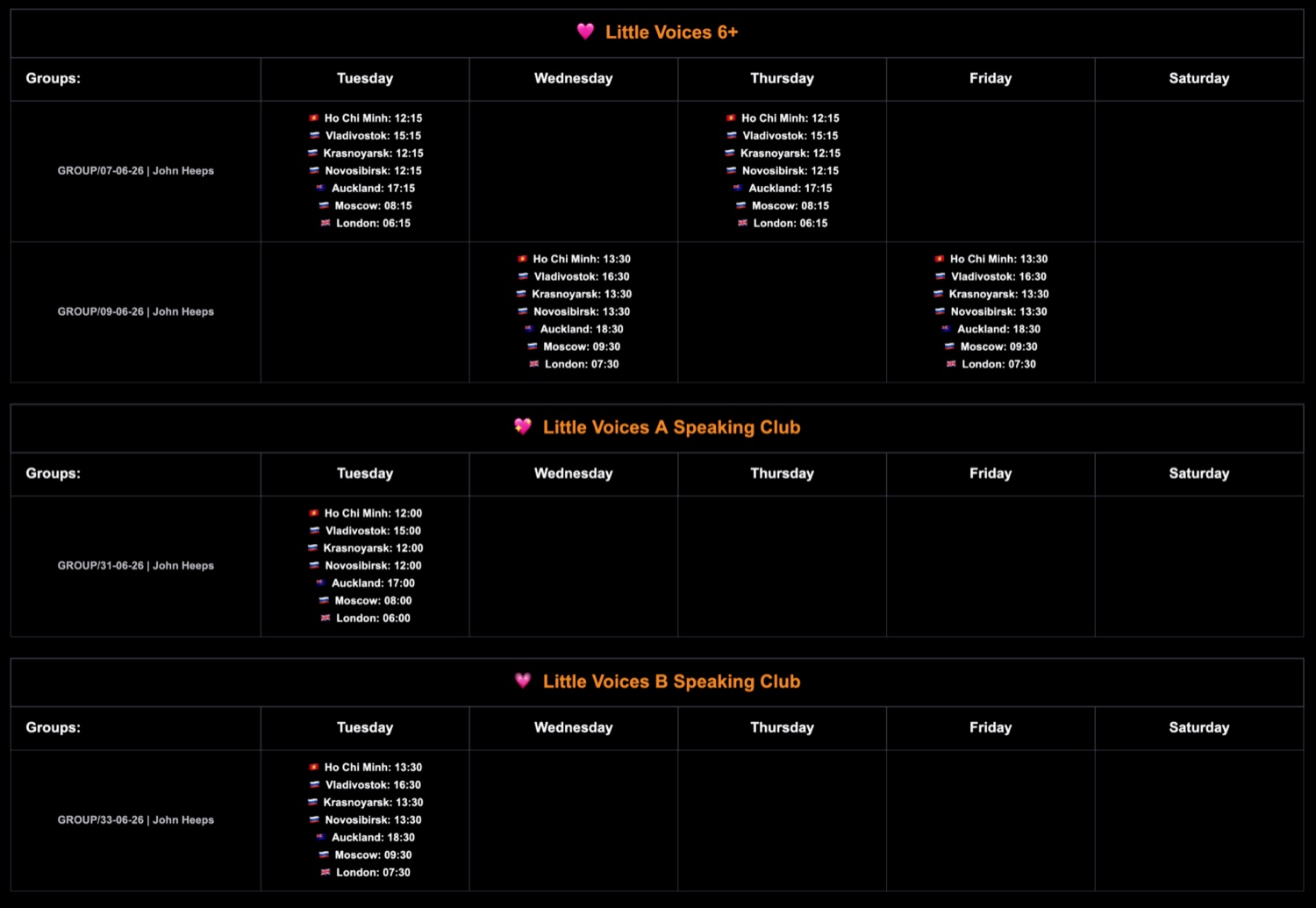 Class schedule