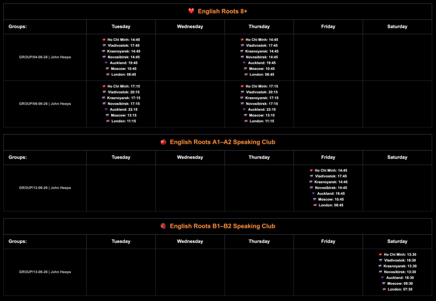 Class schedule