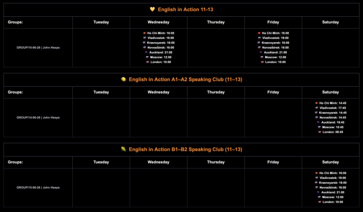 Class schedule