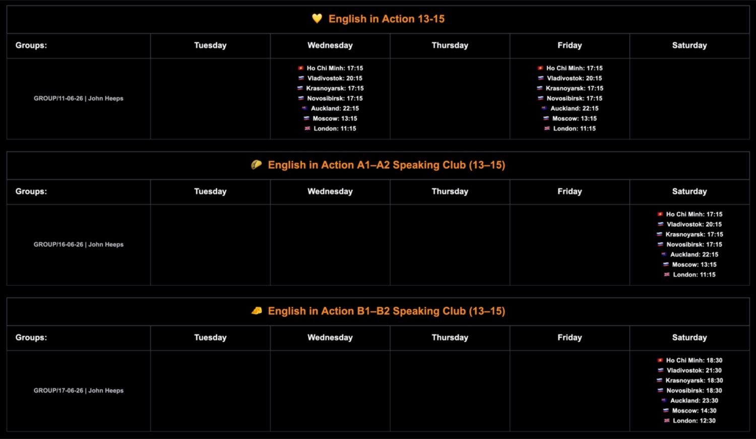 Class schedule