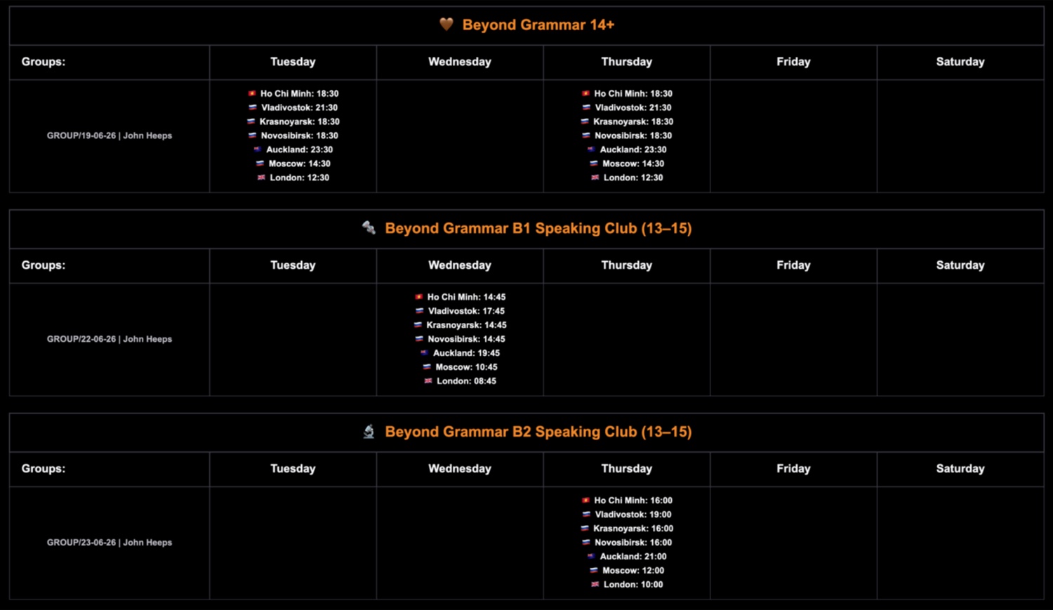 Class schedule